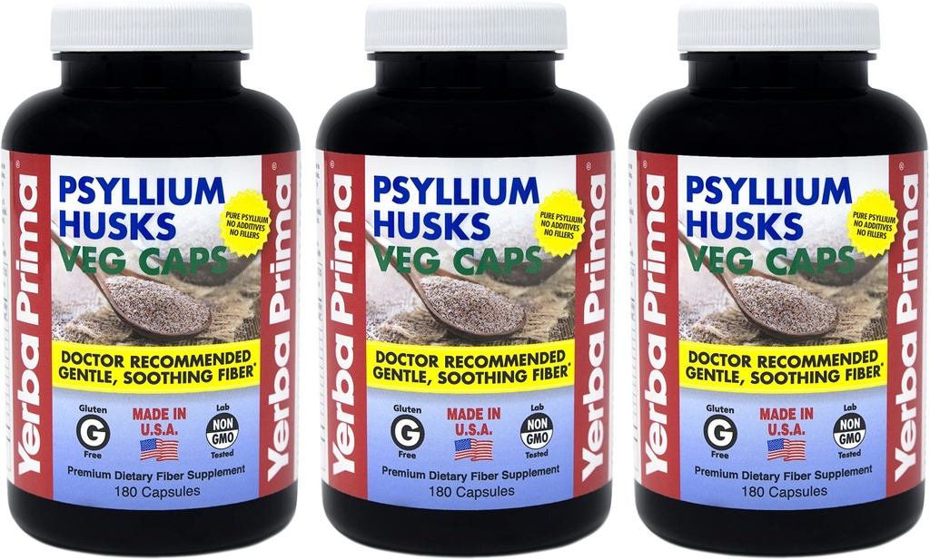 Yerba Prima Psyllium Husks Veg Caps - 180 הרוזן (Pack of 3) - טבעוני, non-GMO, Gluten Free, קולון ניקויר, תוספת יומית סיבים עבור Gut Health & סדירות