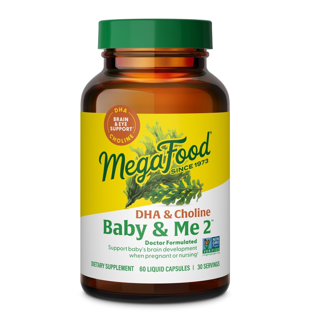 Mega Food Baby & Me 2 ויטמינים טרום לידתי עבור נשים, DHA & Choline תוספי מזון, נוזל DHA ו Choline עבור המוח של התינוק והתפתחות העין במהלך ההריון, טבעוני, 60 קפסולות (30 משרתים)