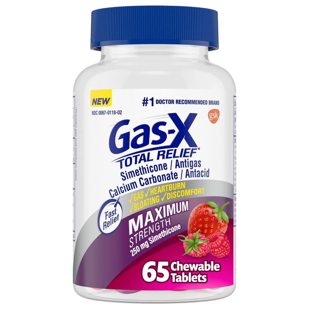 Gas-X Total Relief Chewable Tablet עם כוח מקסימלי גז סיוע Simethicone 250 מ"ג ו- Heartburn הקלה Calcium Carbonate 750 מ"ג, Bloating Relief, מעורב ברries - 65 Count Count