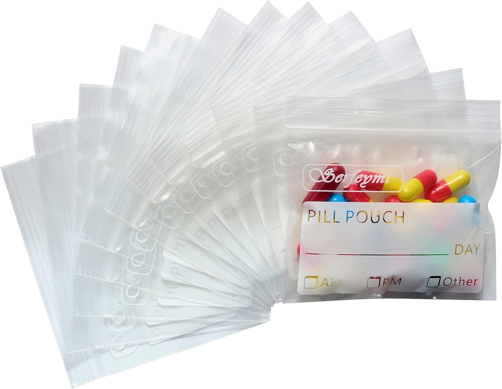 Serfeymi Pill Bags for Travel Pill Pouch מארגנת Pack של 240 BPA חינם 3 x 2.75 אינץ 'Reusable Pill Pouches for Medicine with Write on Label & Zipper Seal Waterהוכחה AM PM Baggies for Supplements