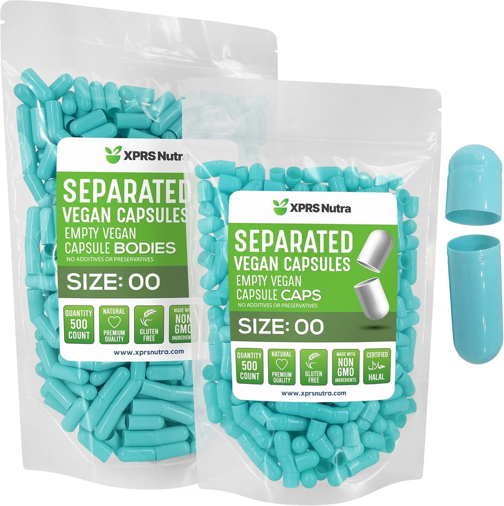 XPRS Nutra Vegan Size 00 בנפרד קפסולות - 500 Count Premium ריקה קפסולות נפרדות ב Bags - 00 Pills ריקה עבור תוסף DIY (Aqua)