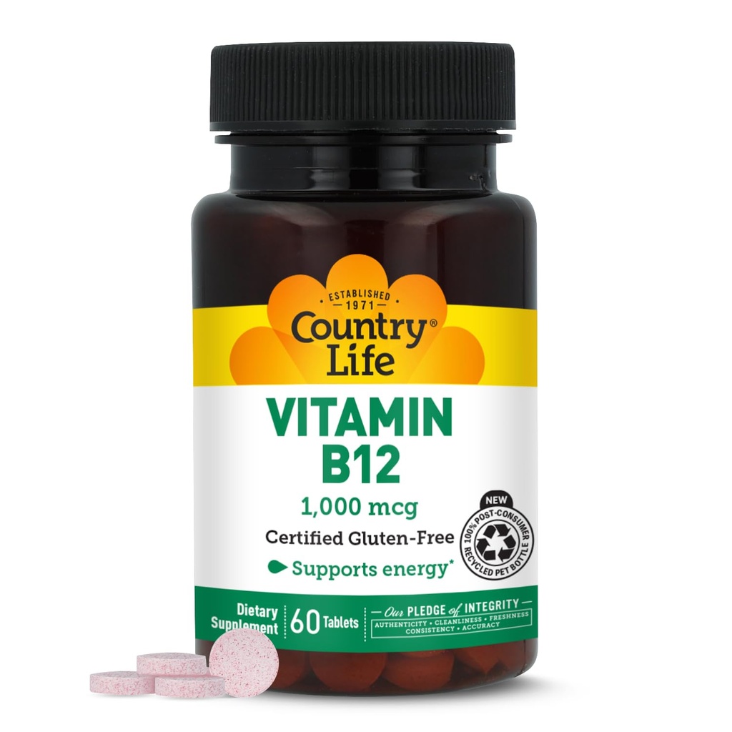 המדינה חיים ויטמין B12 - Essential for Brain Function, Nerve Health, Red Blood Cells - אידיאלי למניעת אנמיה - ויטמין B, 1000 mcg - Gluten-Free, 60 טבליות