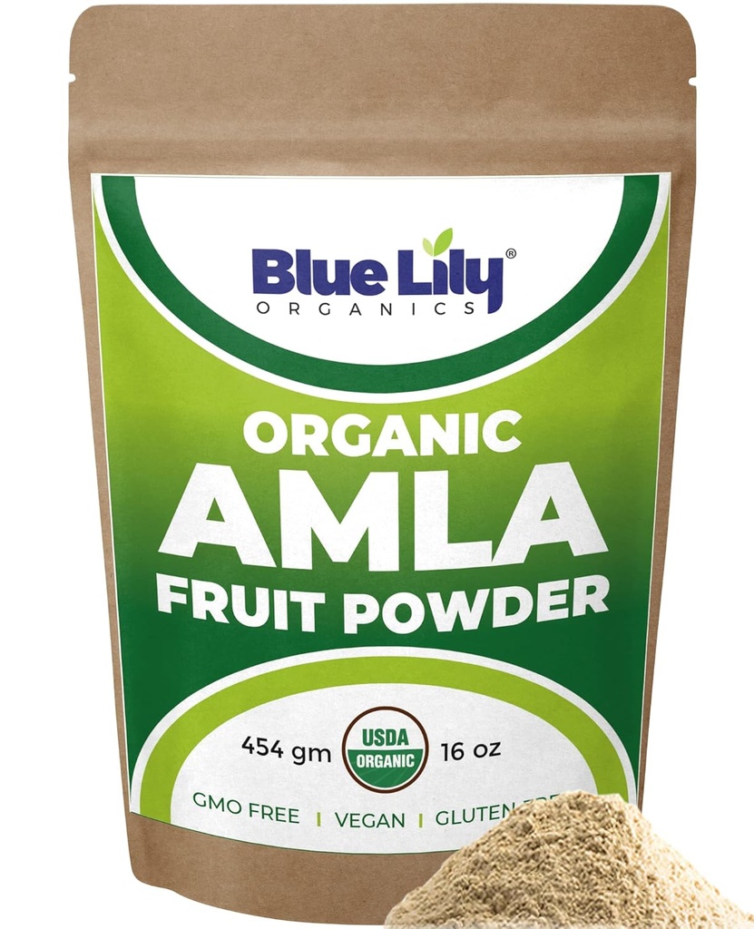 Blue Lily USDA Organic Amla Powder (Amalaki/Indian Gooseberry) 16oz (1lb) Resealable Kraft Bag, 100% Pure Amla Berry Powder, Rich in Antioxidant Vitamin C, Supports Healthy Immune System