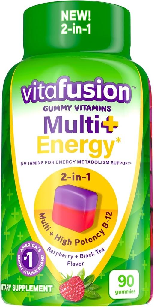 Vitafusion Multi + אנרגיה* ויטמינים מסטיקמי, מכיל ויטמין B כדי לספק תמיכה במטבוליזם אנרגיה *, 90 ספירה