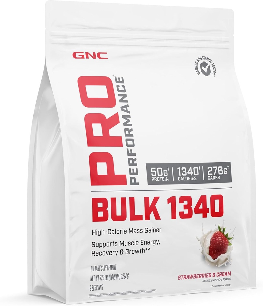 GNC Pro Performance Bulk 1340 Mass Gainer חלבון אבקה, 50g, Gluten Free, Whey, Creatine, BCAA, צד שלישי נבדק, התאוששות שרירים וצמיחה, Micronutrients, Strawberries ו Cream, 9 לשרתים, 9 לשרתים, 9 לשרתים, BCAA, BCAA, צד שלישי נבדק, התאוששות שרירים וצמיחה, Micronutrients, Micronutrients, Strawberries ו Cream, 9 לשרתים, 9.