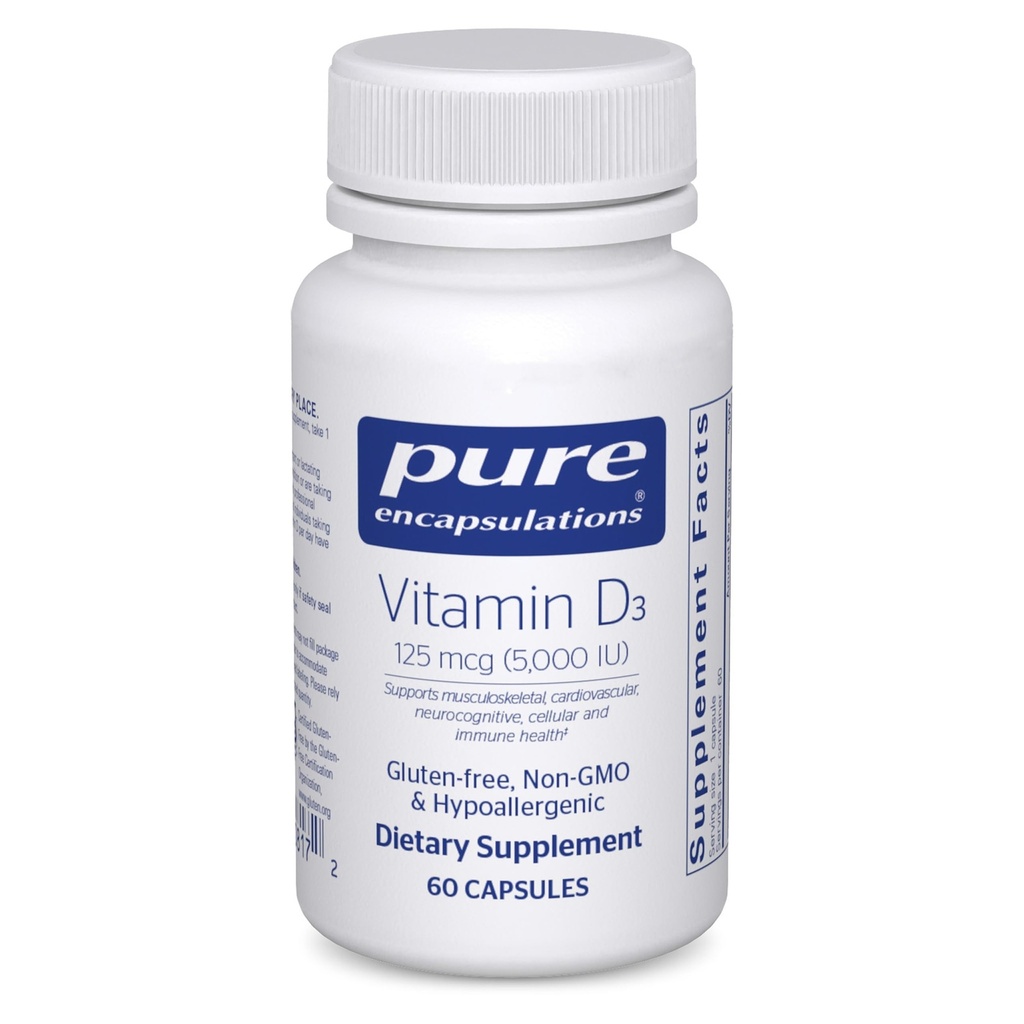 Pure Encapsulations ויטמין D3 125 mcg (5,000 IU) - תוספת לתמיכה העצם, משותף, חזה, לב, קולון ובריאות החיסון * - עם ויטמין D - 60 קפסולות