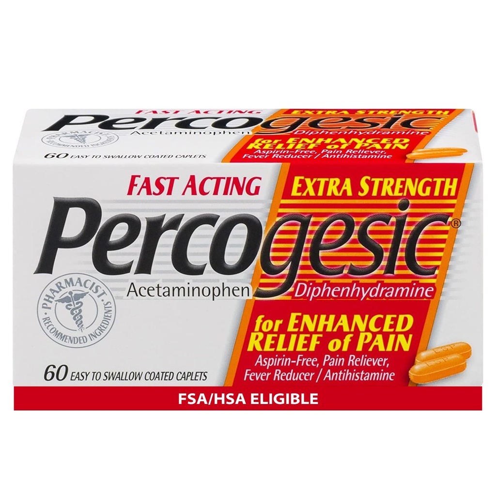 כוח נוסף Percogesic תוספת כוח Acetaminophen & Diphenhydramine כאב הקלה, מהיר פעולה של Aspirin-Free Fever מופחת & Antihistamine, 60 Count Count