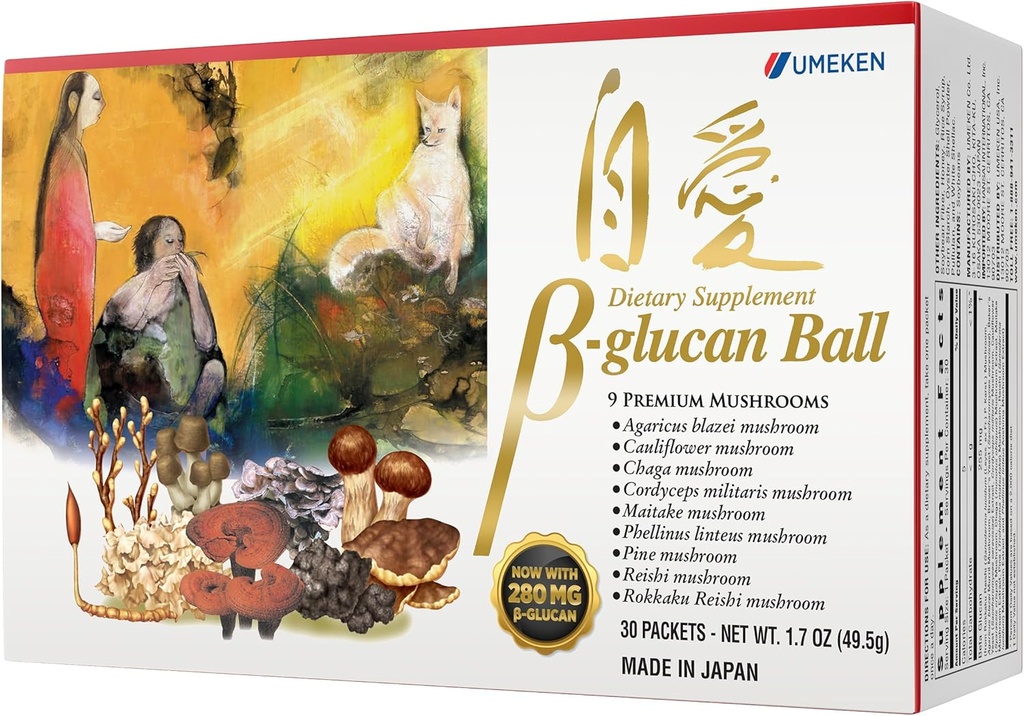 Umeken Beta Glucan, Immune Boost, Mushroom לחלץ, תוסף תזונה, תערובת של 9 Premium Mushroom לחלץ Packets, Easy to Take Beta Glucan תוספים, 1 חודש אספקה, 30 Count Box, Pack של 1