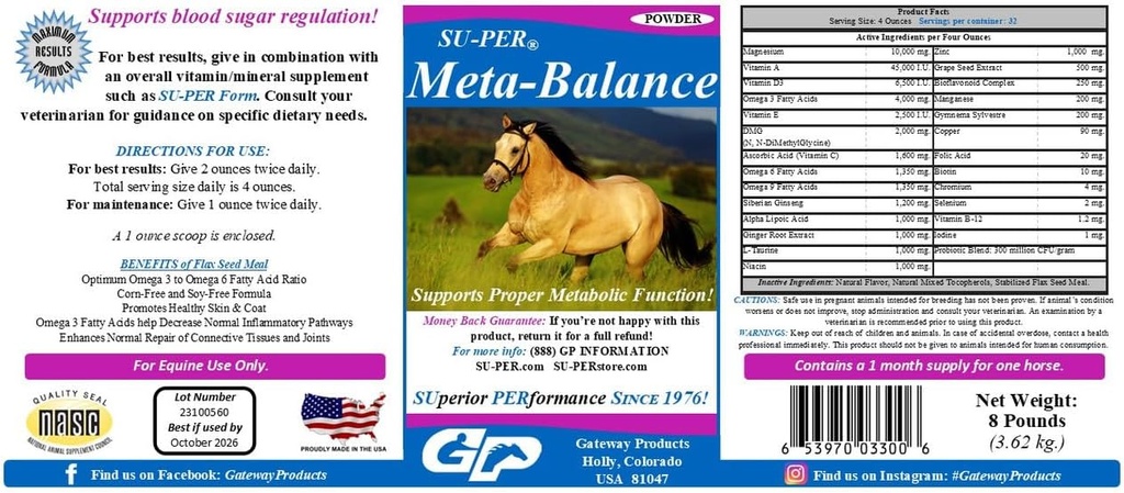 SU-PER Meta-Balance Horse Metabolic Support - Blood Sugar Regulation & Digestive Health Supplement - ויטמינים סוסים ומינרלים, מוצרי צמחי מרפא, פרוביוטיקה - 8 פאונד, 1 חודש אספקה