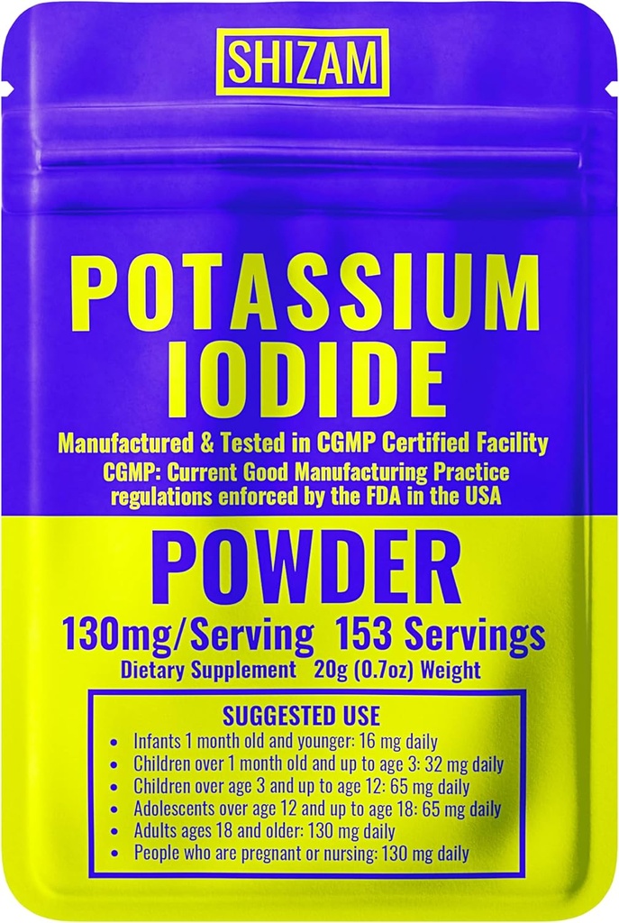 SHIZAM Potassium Iodide 130 מ"ג 65 מ"ג אבקת הישרדות Kits, KI Iodine קפסולות קפסולות קפסולות נוזליות טבליות טבליות טבליות Tabs תוסף Alts, prepping Supplies 130 מ"ג 65 מ"ג 65 מ"ג