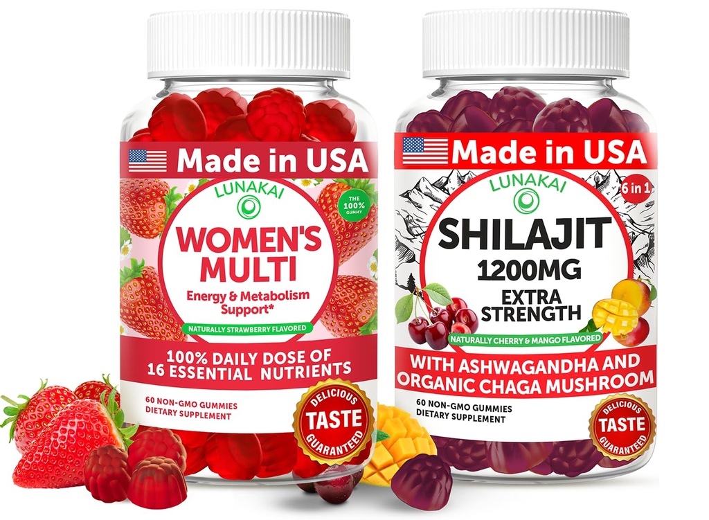 לונהקאי ארה"ב עשתה נשים Multivitamin & Shilajit Gummies Bundle - אנרגיה, Immune & Vitality Support - פלאדר - 60 מסטיקים שאינם GMO