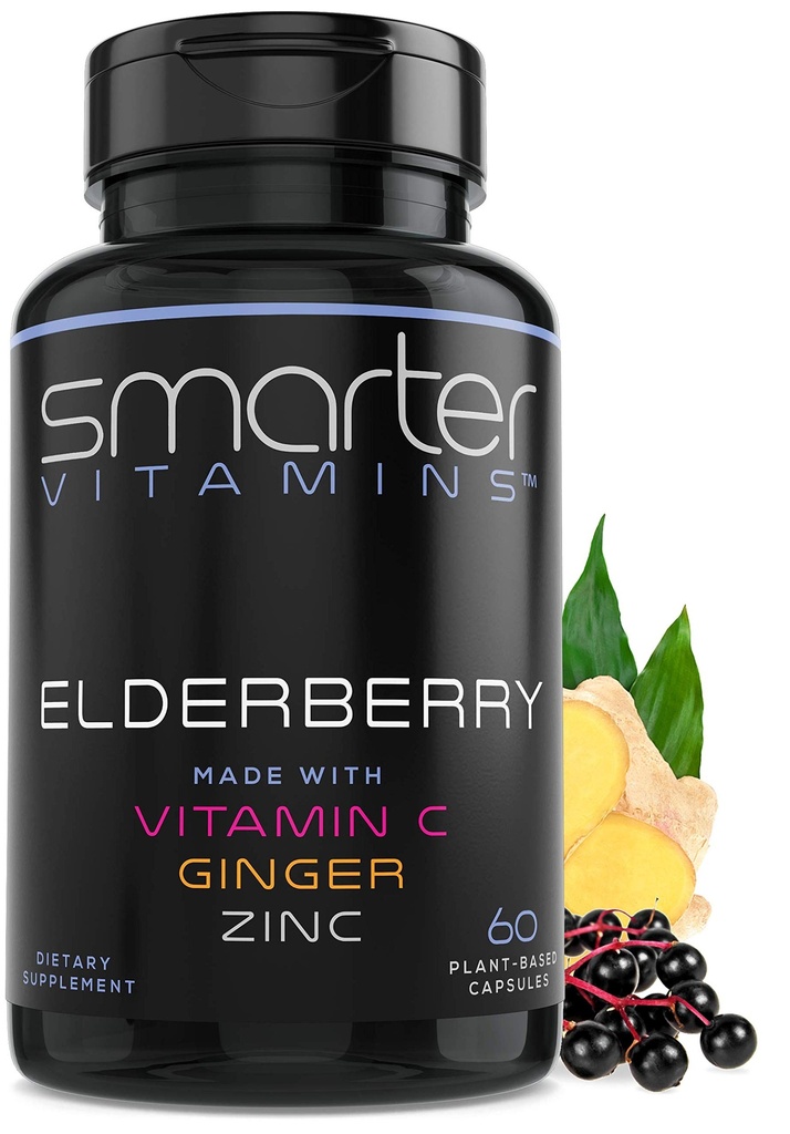 Smarter Elderberry קפסולות + ויטמין C + ג'ינג'ר & Zinc, Herbal Supplement, Powerful Black Elder ברי לחלץ ויטמין Antioxidant, 60 גלולות טבעוניות