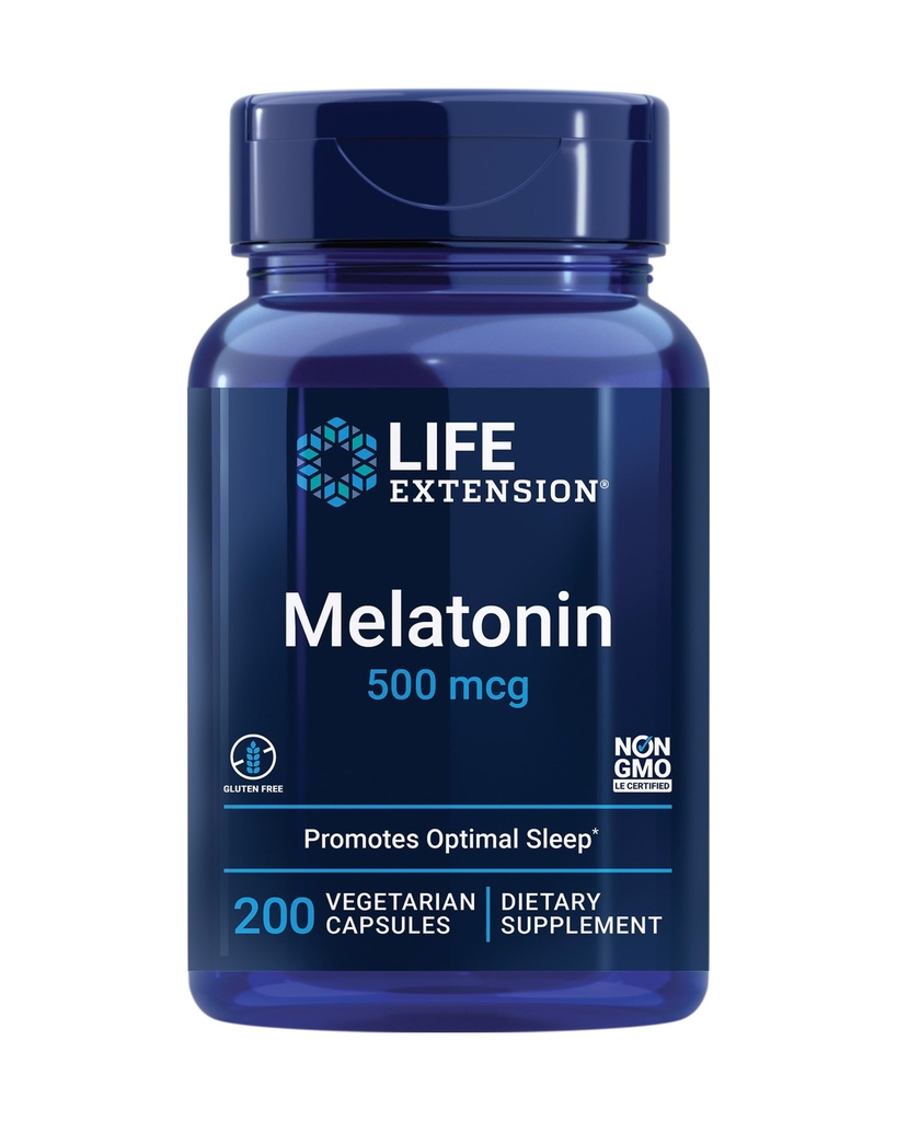 Life Extension Melatonin, 500 mcg - Gently מקדם שינה, נמוך דוזה, גודל ערך - non-GMO, Gluten-Free, Vegetarian - 200 קפסולות