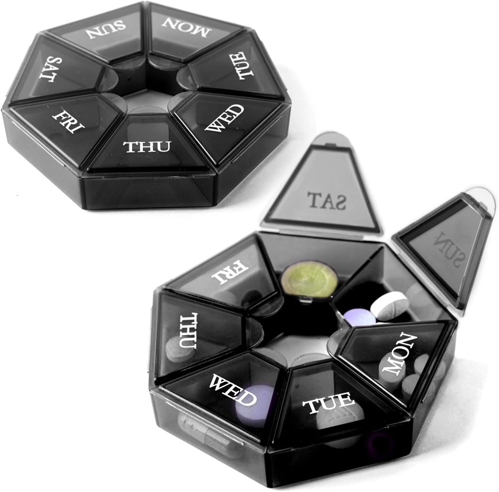 Deke Home - Small Weekly Pill Organer (2 Pack), Round Pill Dispenser for Travel, Mini Pill מארגנתer, קומפקטית תרופות הולדר, Pillers 7 Days, Portable Container, BPA Free (Food Class)