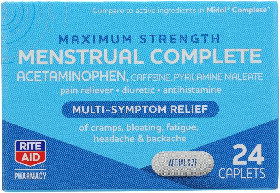Rite Aid, Pharmacy Menstrual Multi Symptom Relief Caplets מקסימום כוח, 24 Count