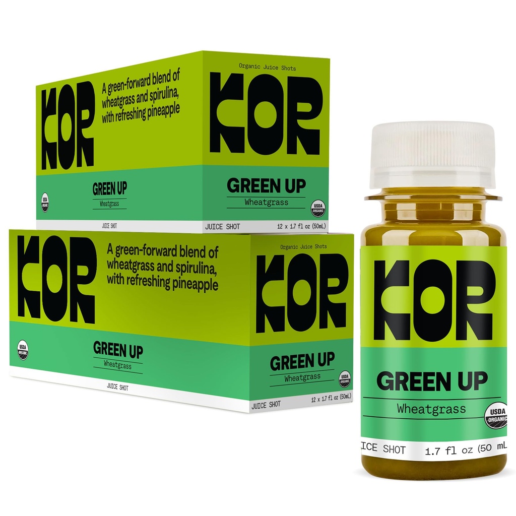 Kor Shot Wheatgras ג'ינג'ר ספירולינה Shot - 24 Pack x1.7 Fl Oz - Green Up Shot - Daily Greens Superfoods Shot - USDA Certified Organic