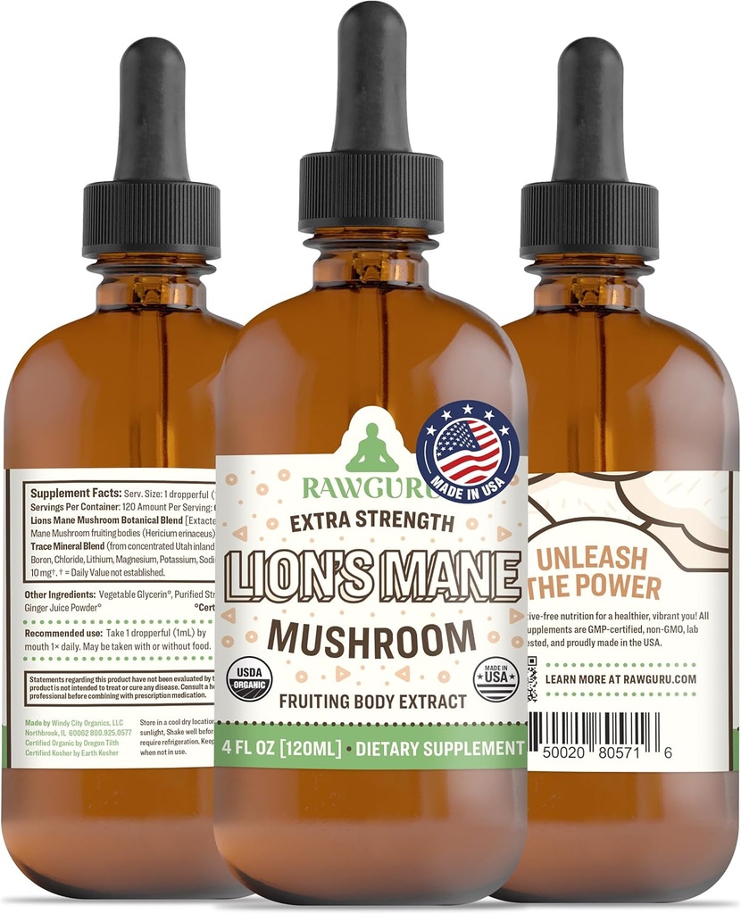 RawGuru Lion's Mane Mushroom Tincture - הפלט של אריה טבעוני עם Trace מינרלים - Nano-Processed Immunity Boost & Cognitive Supplement - 120 משרתות של טיפות טבעוניות ל-120 מ"ל, Pack of 1 1