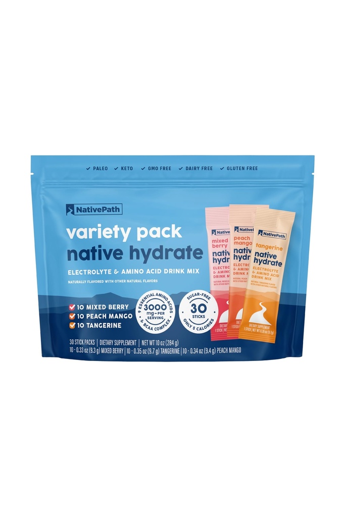 NativePath Native hydrote Stick Packs עם אלקטרוליטים ו Amino Acids, Variety Pack, ברי מעורב, Peach, מנגו, טאנגרין, 30 משרתים