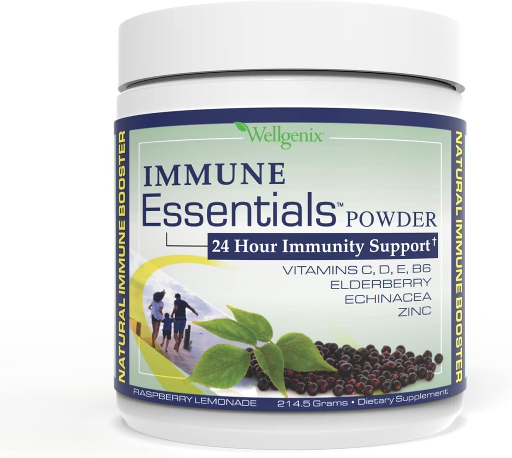 Wellgenix Immune Essentials - אבקת Multivitamin לגברים, נשים וילדים - תוספת טבעונית עם ויטמין C, D Elderberry Zinc, Echinacea עבור טודלר, Kid & Adult - 7.57g (Raspberry Lemonade)