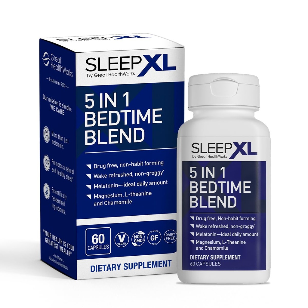 SleepXL Sleep תוסף Non-Habit-Forming Formula - Fall Asleep Faster & Sleep Longer - 5 מרכיבים מרכזיים כוללים מלטונין, L-theanine, Chamomile, Magnesium & B6 (60 קפסולות, 30 משרתים)