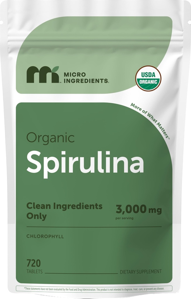 תוספי Micro Ingredients Organic Spirulina, 720 טבליות (4 חודשים אספקה), No Filler & Non-GMO, עשיר בחלבון טבעוני, ויטמינים & Prebiotics, Premium Spirulina Pills