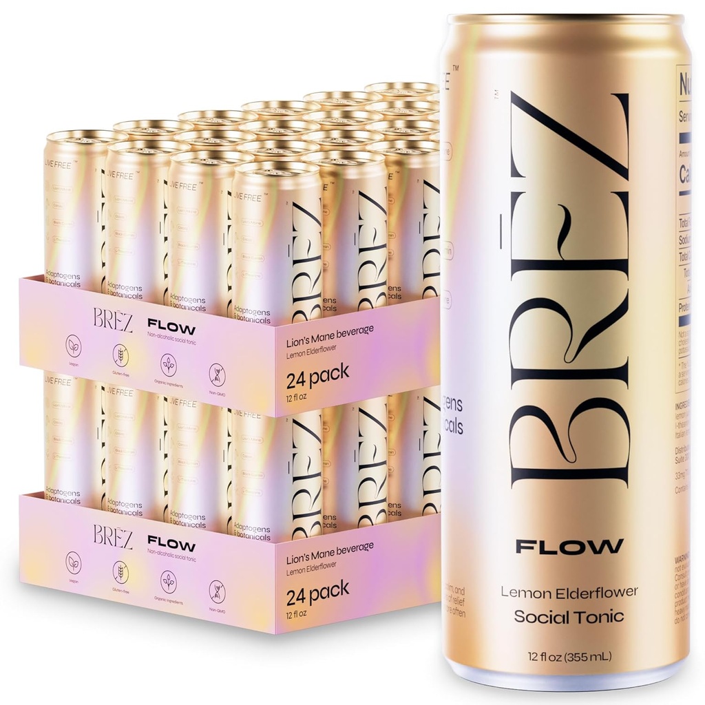המשקה של BREZ FLOW Lion's Mane Mushroom, 48-Pack, Non-Infused, Fitogens, Relieving, Uplifting, and Social, Sparkling Lemon Elderflower Tonic 12 Fl oz