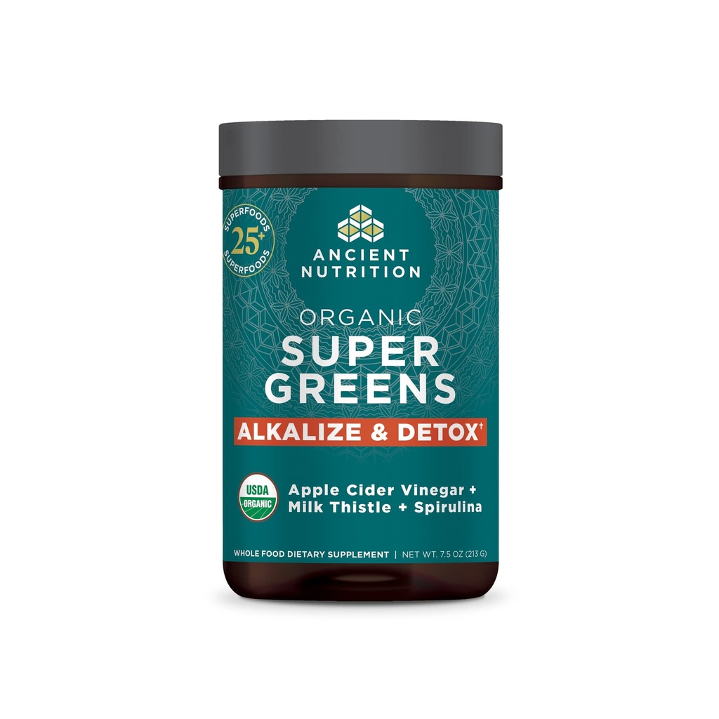 אבקת Supergreens Alkalize & Detox, אבקת סופר מזון אורגני עשוי פירות אמיתיים, ירקות ו Herbs, עבור תמיכה עיכול ואנרגיה, 25 משרתים, 7.5oz