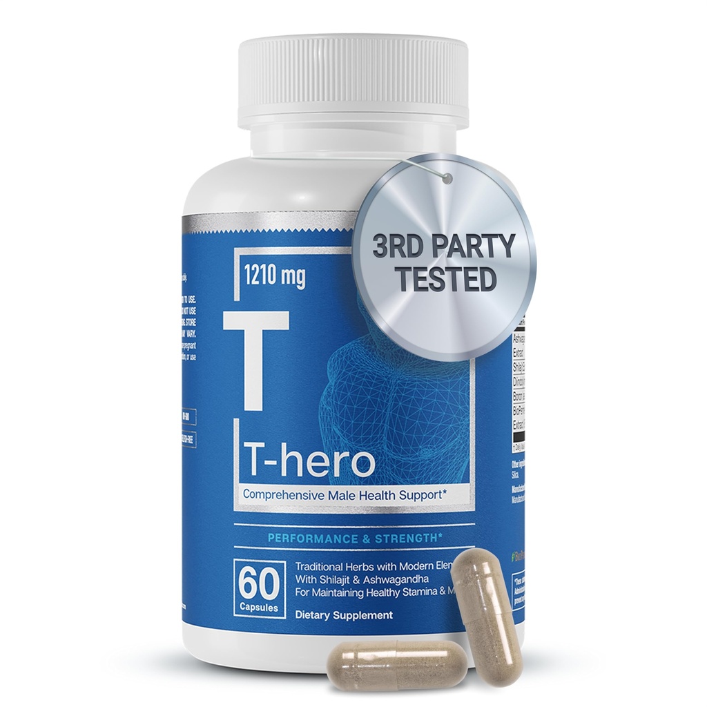 יסודות חיוניים T-Hero - תמיכה טסטוסטרון יומית עבור גברים - מקדם Vitality & Drive - עם Ashwagandha, Shilajit, Boron, DIM - 60 Count - 30 משרתים