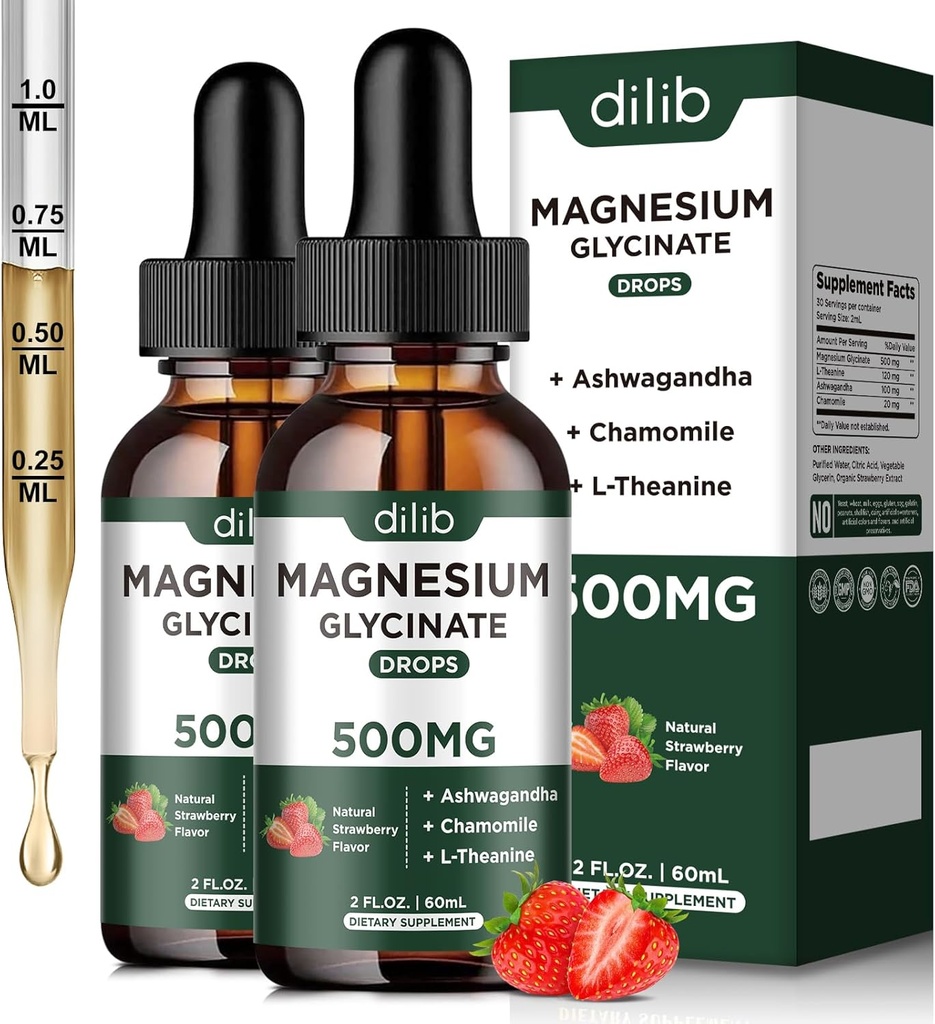 Magnesium Glycinate נוזל טיפות תוספת, עם Magnesium Glycinate 500 מ"ג Ashwagandha, L - Theanine, Chamomile - Support Stress Relief, העצם, השרירים, Mood Strawberry פלבדור 2Packackkackk