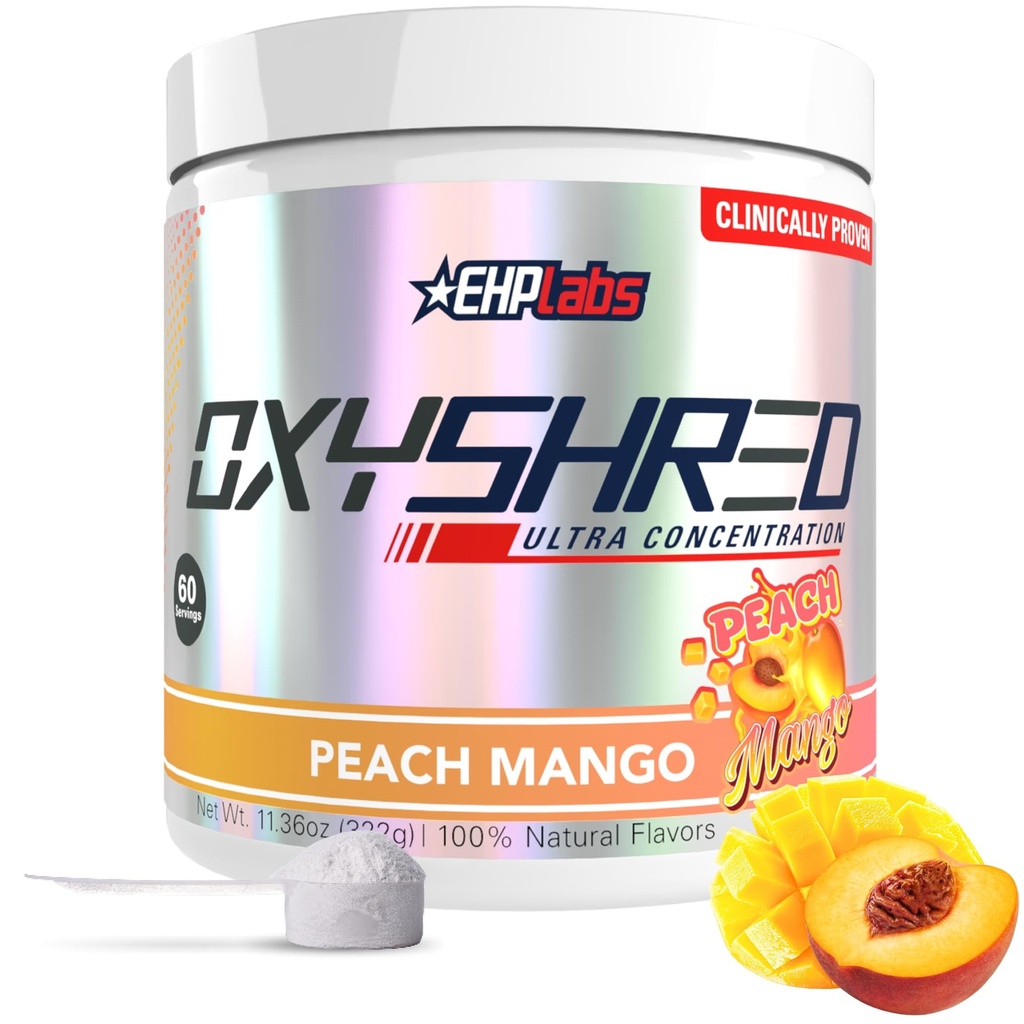 EHP Labs Oxyshred Pre Workout אבקת - אבקת Preworkout עם L Glutamine & Acetyl L Carnitine, אנרגיה Boost לשתות - Peach מנגו, 60 משרתים