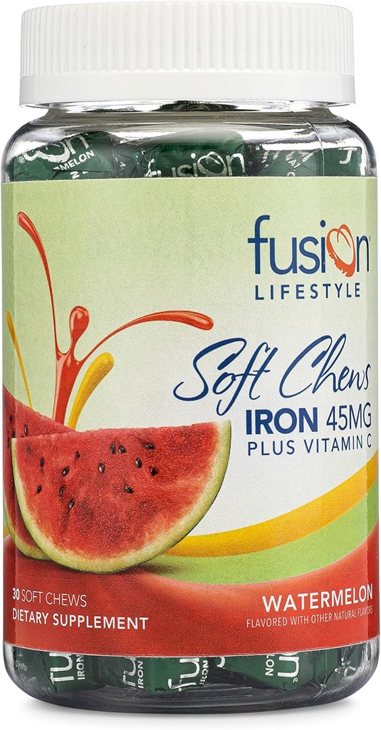 תוספת ברזל לנשים וגברים, Watermelon Flavored Iron Soft Chew Plus ויטמין C עבור הגנה על ברזל ואנמיה, 1 חודש אספקה, 30 ספירה