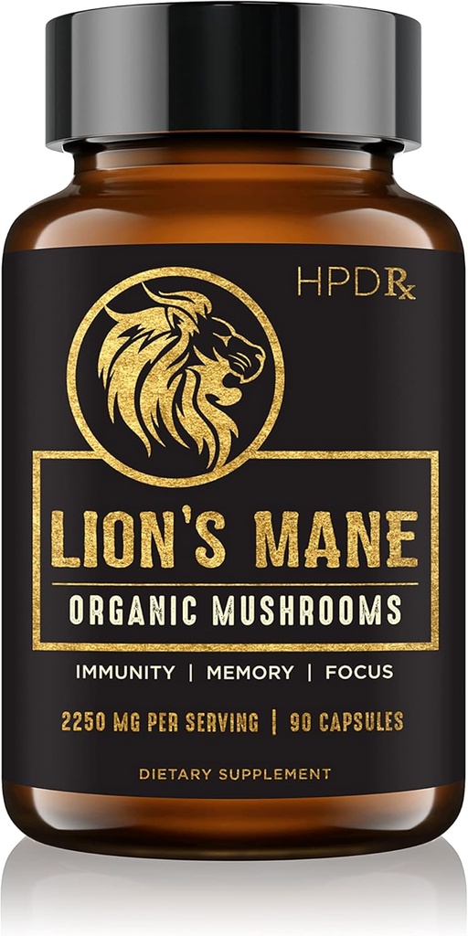 HPD Rx Lion's Mane Mushroom לחלץ קפסולות טבעי nootropic, תומך זיכרון & Focus, Immunity Booster - תוספי טפטים 2250 מ"ג, 90 קפסולות, אריזה של 1 1