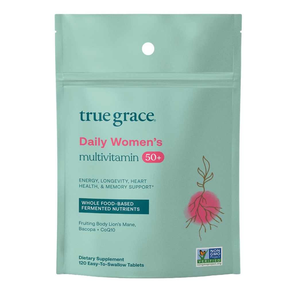 True Grace Daily Women's Multivitamin 50+ - 120 טבליות Easy-to-Swallows - Immune, Energy, Longevity & Memory Support - Vegan - Gluten, Soy & Iron Free - 60 משרתים