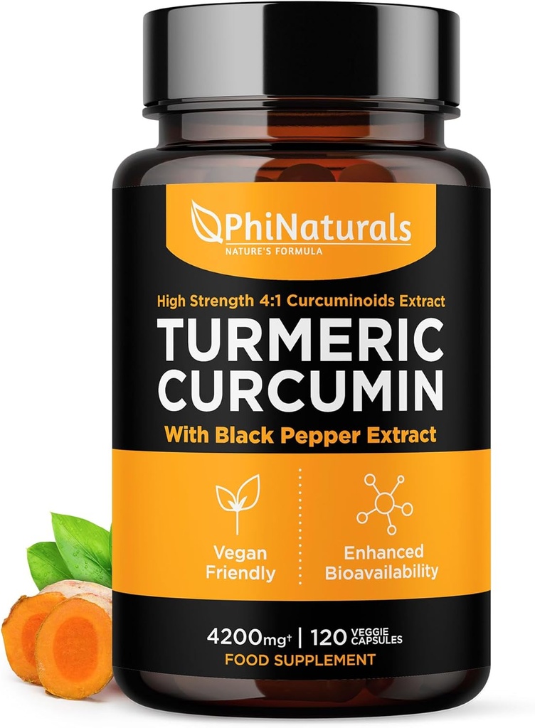 PhiNaturals Turmeric Curcumin תוסף עם Black Pepper Extract - 4200 מ"ג Whole Curcuma Root Equivalent Per 3 קפסולות לשרת - טבליות טומרניות