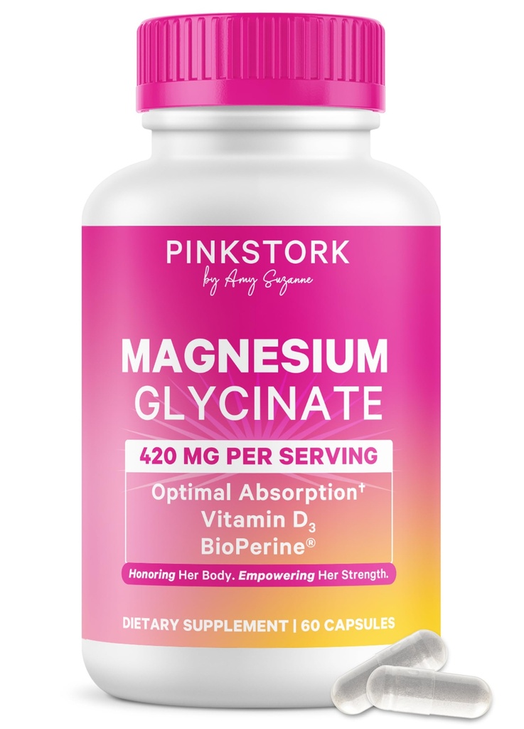 Pink Stork Magnesium Glycinate עם ויטמין D - תוספת מגנזיום לנשים לתמוך Calm טבעי, Mood ושינה - איזון הורמונלי עבור נשים - 60 קפסולות, 1 חודש אספקה