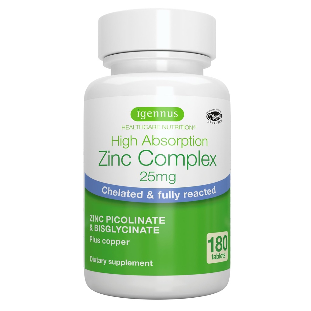 Igennus ניקוי Chelated Zinc 25 מ"ג עם Copper, Fully Reacted Picolinate & Bisglycinate, High Absorption Complex, תוסף עבור נשים וגברים, מעבדה מאומתת, non-GMO, Immune & Skin Support, 6 חודשים אספקת אספקה, 6 חודשים אספקת אספקה, 6 חודשים אספקת אספקה, 6 חודשים, 6 חודשים.