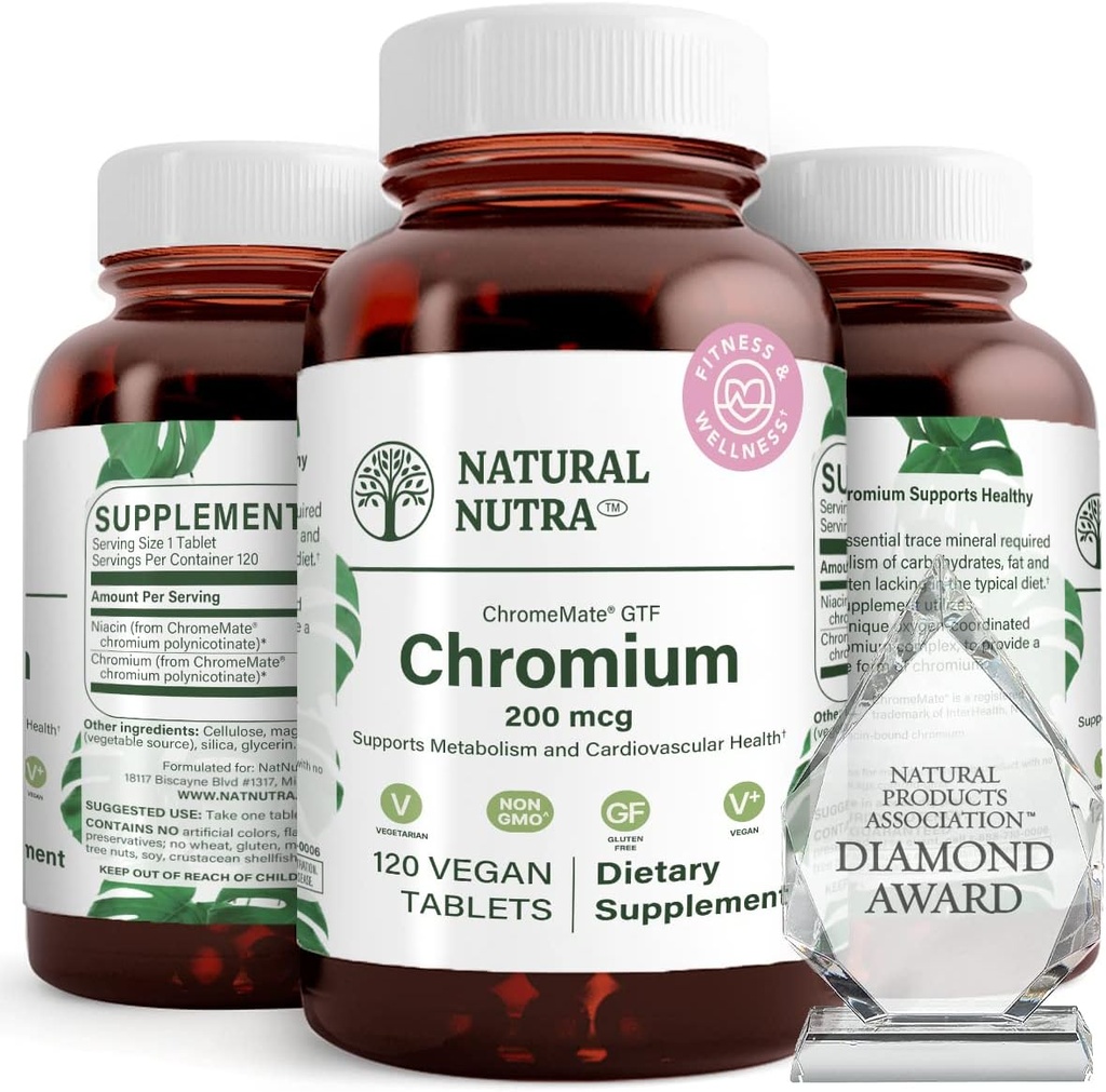 טבעי Nutra GTF Chromium Polynicotinate עם ChromeMate, תומך הגוף metabolism, תמיכה בריאות הלב, לשמור על רמת שומן הגוף, שיפור העיכול, בריאות Cardiovascular, 200 mcg, 120 טבליות טבעוניות