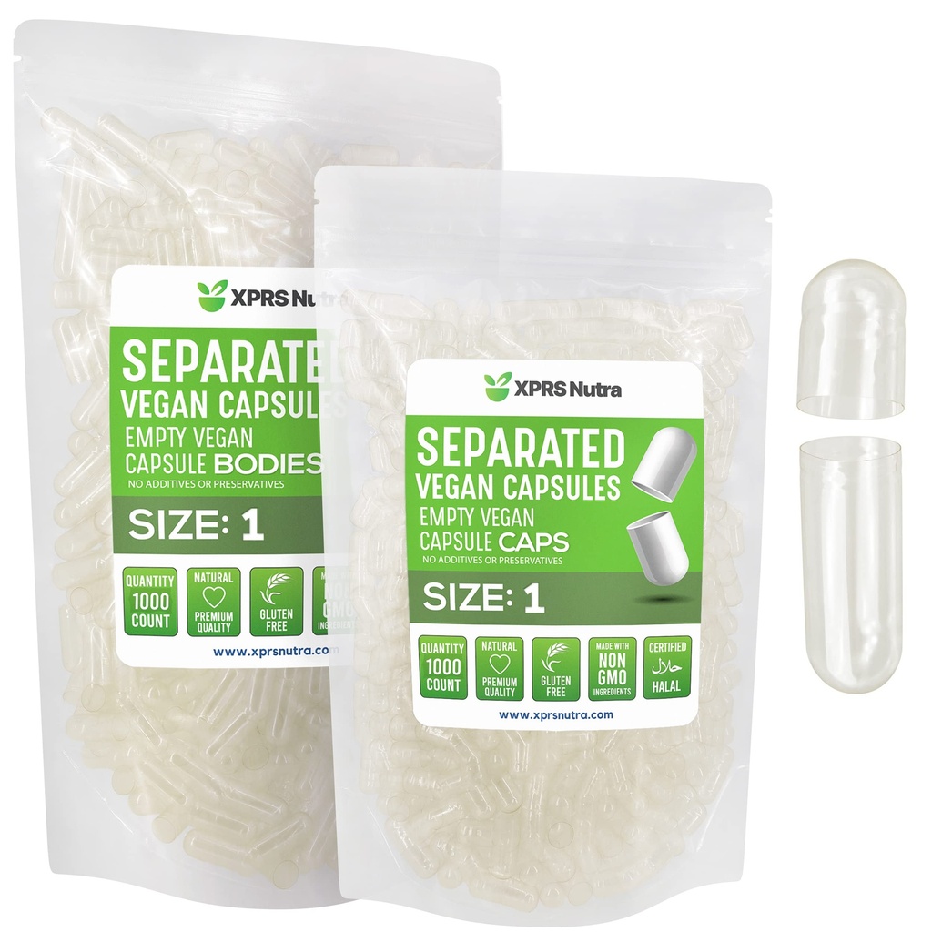 XPRS Nutra טבעוני גודל 1 בנפרד קפסולות - 1000 Count Clear Premium ריקה קפסולות נפרדות ב Bags - Pills 1 עבור תוסף DIY