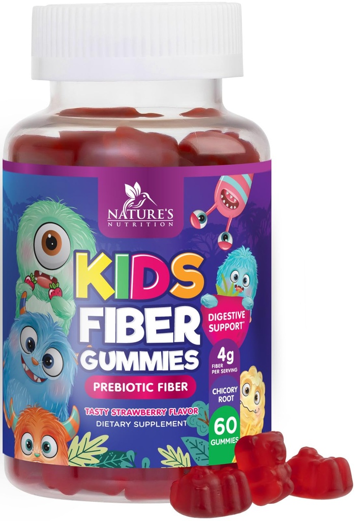 חניכיים סיבים לילדים, Daily 4g Gummy סיבים תוסף, Prebiotic Digest Digestive Health Support - Nature's Plant Based Soluble סיבים, תומך סדירות וחשיפה לילדים שאינם GMO - 60 חניכיים