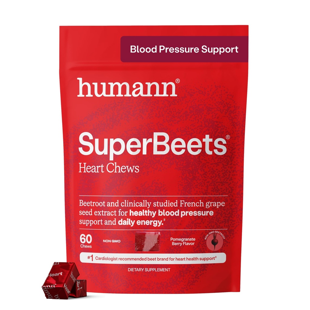 Humann SuperBeets Heart Chews, Beet Root אבקת תמיכה אנרגיה תוסף, Nitric Oxide ותמיכה בלחץ הדם, Grape Seed Extractd Extractd Extractd ו- non-GMO, Heart Health, Pomegranate Bre Flavor, 60 הרוזן
