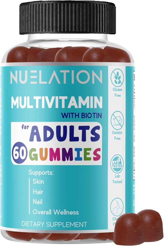 גברים ונשים Multivitamin Gummies מסטיק יומי מעוגל היטב עם ביוטין 5000 mcg. Non-GMO, 60 Count, 30 משרתים. ויטמין רב למבוגרים לתמיכה בחיסון, כלולה