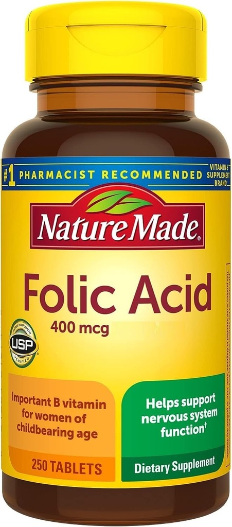 Nature Made Folic Acid 400 mcg Tablets, 250 טבליות