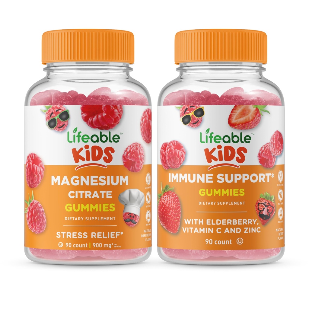 Lifeable Magnesium Kids + Immune Support Kids, Gummies Bundle - Great Tasting, ויטמין תוסף, Gluten Free, GMO Free, Chewable Gummymy