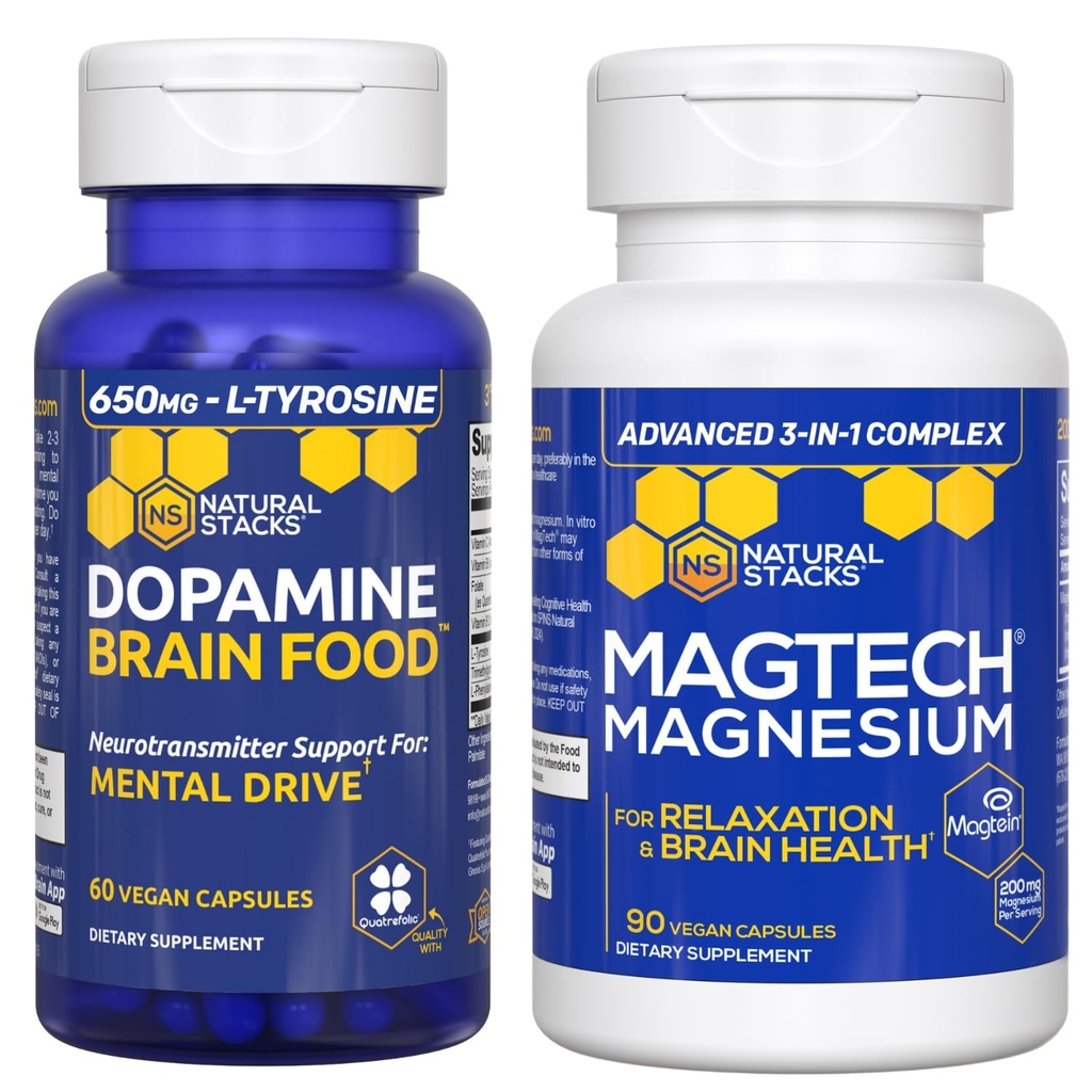 NATURAL STACKS Dopamine Brain Food + Magtech Magnesium Bundle - Chelated Magnesium Complex - תומך בבריאות המוח ודחף נפשי * - 150 קפסולות מוחלטות