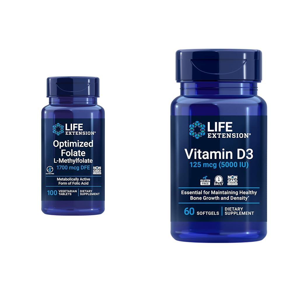 Life Extended Optimized Folate Heart & Brain Support Tablets and ויטמין D3 Bone, Brain & Immune Health Softgels - 100 טבליות, 60 Softgels