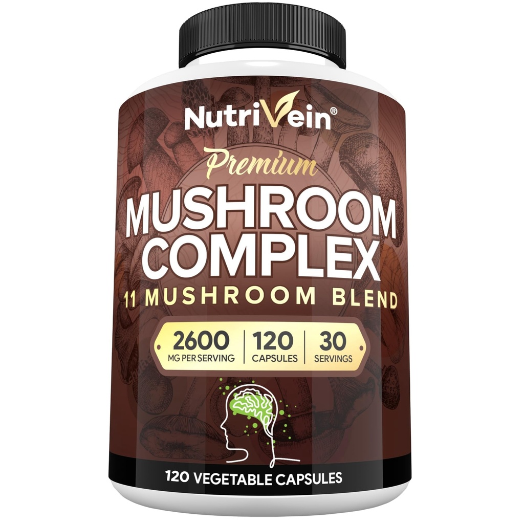 מזון מזינים Premium Mushroom תוסף 2600 מ"ג - בקבוק 120 קפסולות - 11 Nootropic Mushroom Complex - Lion's Mane, Cordyceps, Chaga, Reishi, טורקיה Tail,Maitake, Shiitake, Agaricus, White Button, Oysterton, Oyster