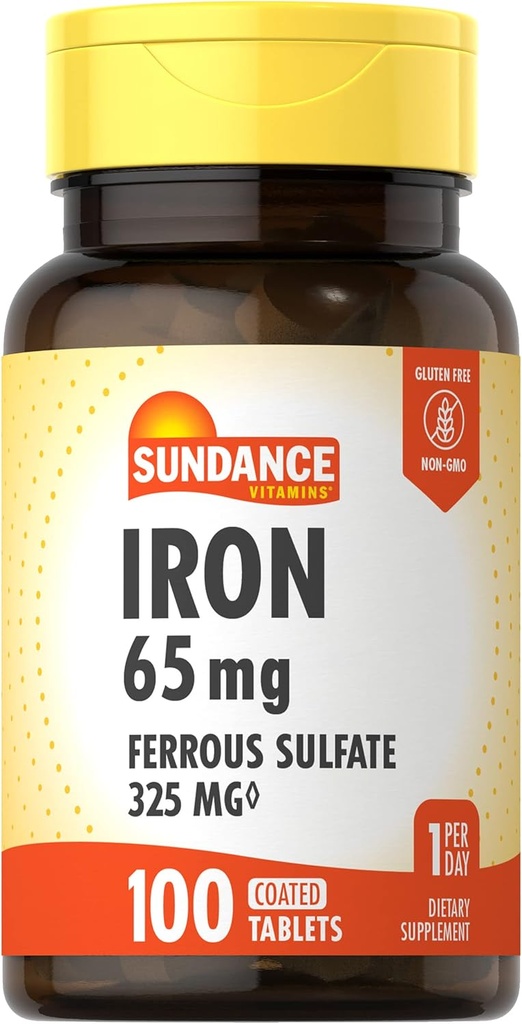 Sundance Iron תוסף Ferrous Sulfate 325 מ"ג | 100 טבליות | Vegetarian, non-GMO ו- Gluten Free