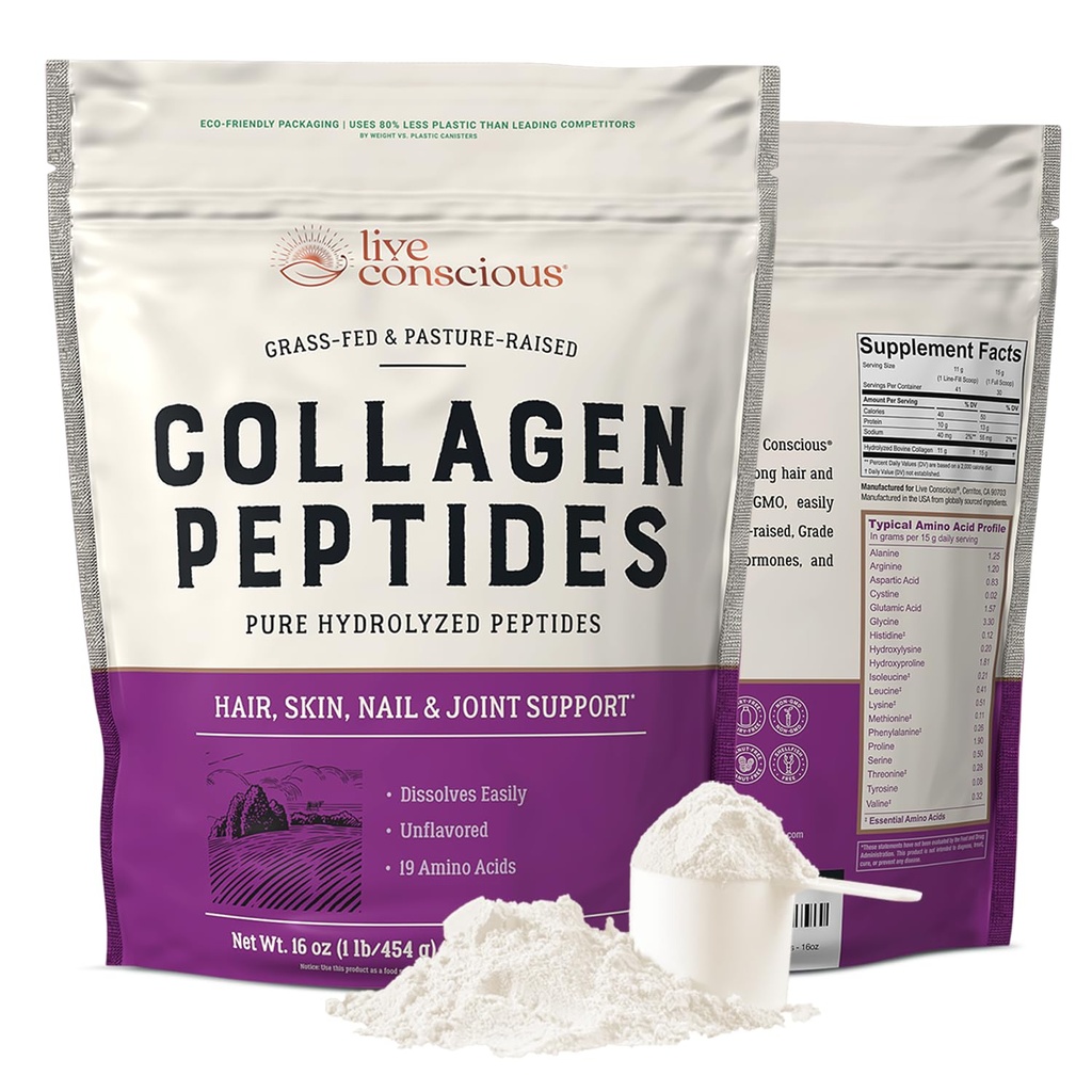 Live Conscious Collagen Peptides Powder - Naturally-Sourced Hydrolyzed Collagen Powder - Hair, Skin, Nail, and Joint Support - Type I & III Grass-Fed Collagen Supplements for Women and Men - 16oz