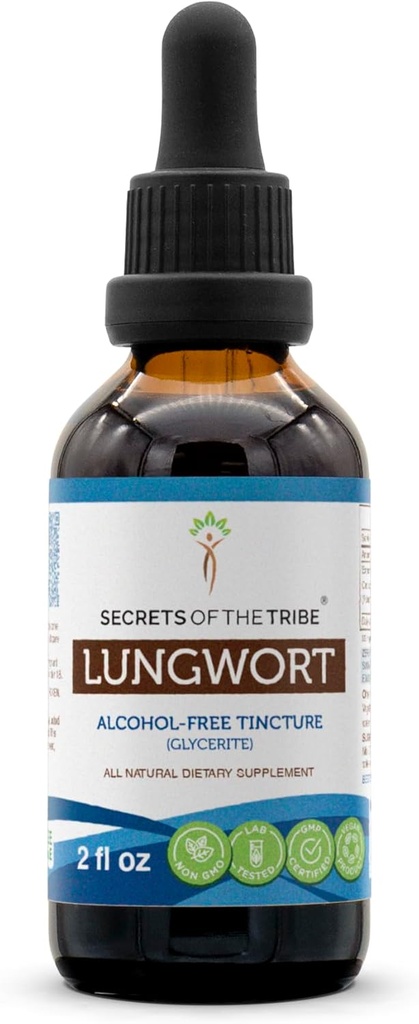 סודות של השבט Lungwort אלכוהול חינם לחלץ, Lungwort (Pulmonaria officinalis) Dried Leaf Tincture תוסף 2 oz