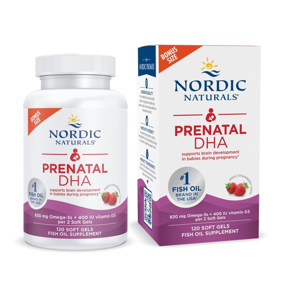 Nordic Naturals Prenatal DHA, Strawberry - 120 Soft Gels - 830 מ"ג אומגה 3 + 400 IU ויטמין D3 - תומך התפתחות המוח אצל תינוקות במהלך הריון ו- Lactation - Non-GMO - 60 משרתים